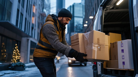 A delivery worker unloading packages from a van in an urban environment, preparing for city-wide deliveriesの素材