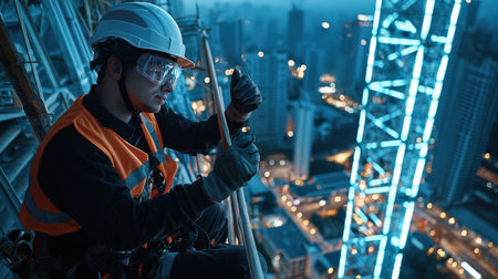 A construction worker in safety gear inspecting a building site with a blue neon glowの素材