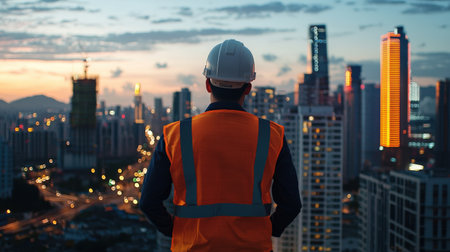 A construction worker with a reflective vest silhouetted against a city skyline glowing in neonの素材