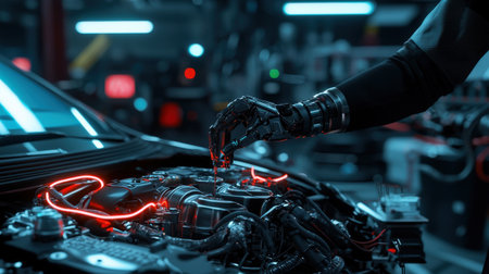 A robotic arm repairing a car engine in an advanced auto workshop, neon lighting detailsの素材