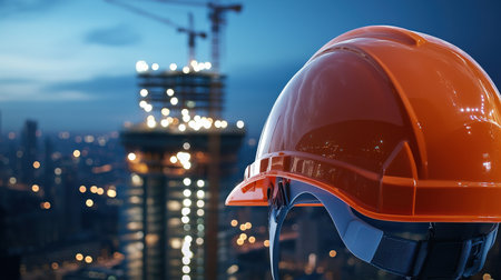 Close-up of an orange safety helmet with a construction site in the background, city lights glowing at duskの素材