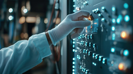 An electrician in reflective gloves wiring a digital control panel with glowing buttonsの素材