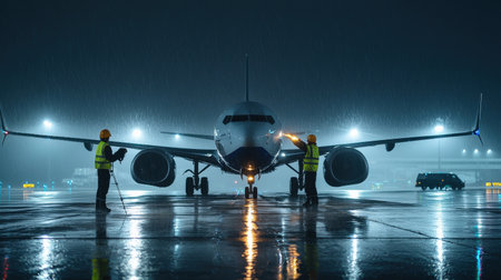 Airport workers signaling a landing airplane on a rainy night with glowing runway lightsの素材