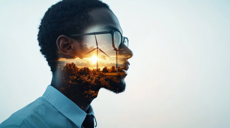 Double exposure of an engineer and a wind farm, symbolizing innovation in sustainable energyの素材