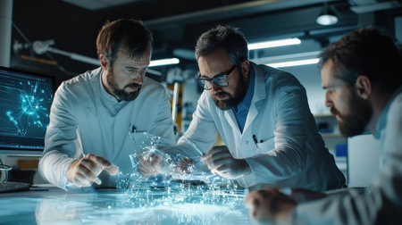 Engineers and technicians discussing wind turbine development under glowing digital projectionsの素材