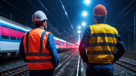 Railway workers watching a train pass by, vibrant blue and red lights reflecting on the trackの素材