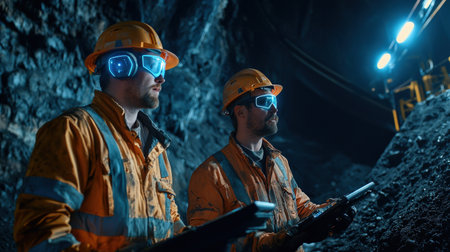 Two miners examining a coal mine with futuristic equipment glowing in neon blueの素材