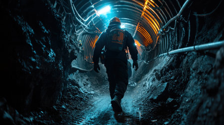 A miner walking through a dark mine illuminated by scattered orange and blue lightsの素材