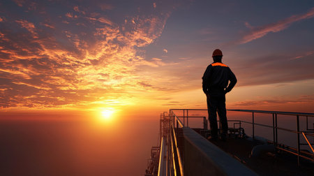An oil worker standing on a platform overlooking the sea at dawn with a glowing horizonの素材