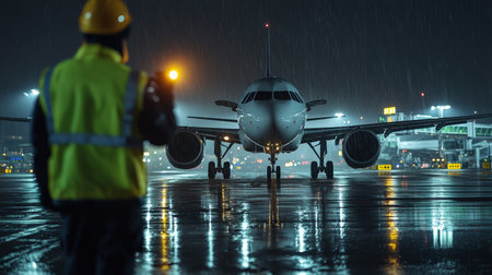 Airport workers signaling a landing airplane on a rainy night with glowing runway lightsの素材