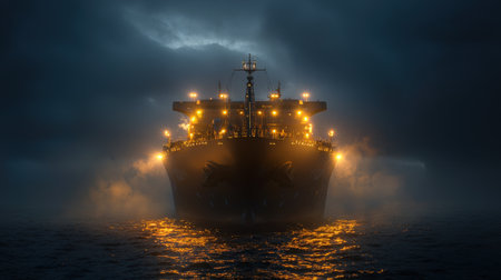 An oil tanker ship illuminated by glowing industrial lights as it sails at nightの素材