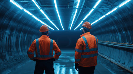 Two construction workers wearing safety gear inspecting a tunnel under a futuristic blue neon glowの素材