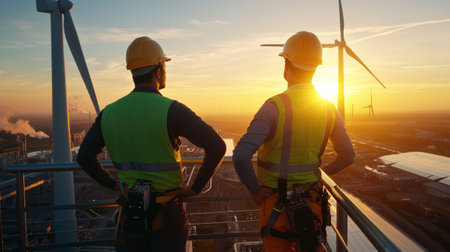 Engineers standing on a futuristic platform overlooking a renewable energy plant at dawnの素材