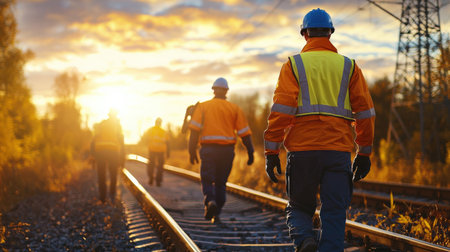 Railway workers walking away on tracks towards a golden sunset with blue accentsの素材