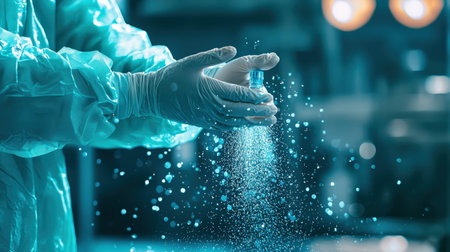 A healthcare professional sanitizing their hands before entering a patient room, following safety protocolsの素材