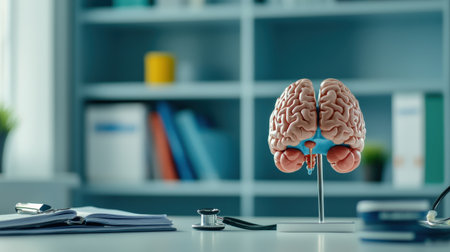 A patient consultation room with a model of human organs, a stethoscope, and medical textbooks on a shelfの素材