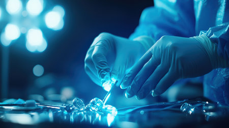A surgeon hands wearing sterile gloves, holding a scalpel in a brightly lit operating roomの素材