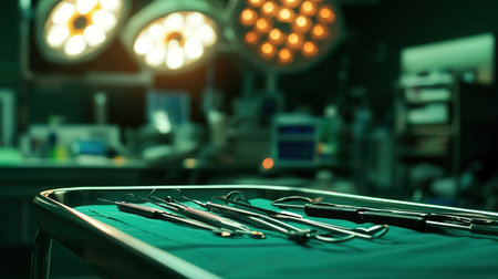 A sterile surgical tray with scalpels, clamps, and other essential tools, placed in an operating roomの素材