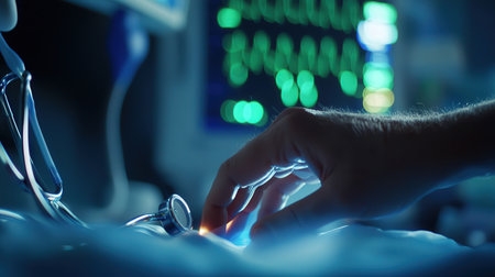 A patient hands being monitored with a pulse oximeter during a health check-upの素材