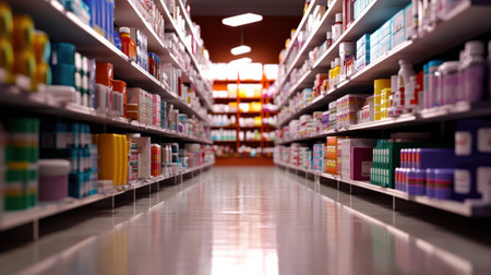 A pharmacy filled with neatly arranged rows of over-the-counter and prescription medicinesの素材
