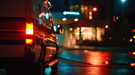 An ambulance parked outside a hospital emergency entrance, with paramedics unloading essential medical suppliesの素材