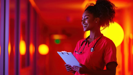 A smiling nurse holding a clipboard while standing in a well-lit hospital hallwayの素材