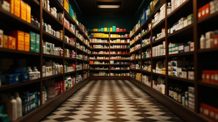 A pharmacy filled with neatly arranged rows of over-the-counter and prescription medicinesの素材