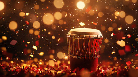 A detailed hand drum with red and gold accents, surrounded by festive confetti and illuminated with warm lightingの素材