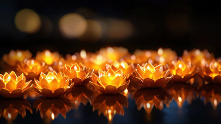A collection of golden Yuanbao-shaped candles glowing warmly, arranged artistically on a reflective surfaceの素材