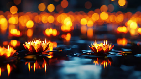 A collection of glowing Yuanbao candles placed on a smooth reflective surface, creating a warm and auspicious sceneの素材