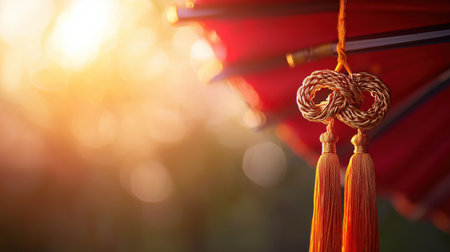 A decorative Chinese knot with golden tassels hanging from a vibrant red parasol, softly illuminated by warm lightingの素材