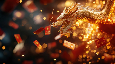 A golden dragon statue encircled by red envelopes and glowing firecrackers, creating a dynamic festive sceneの素材