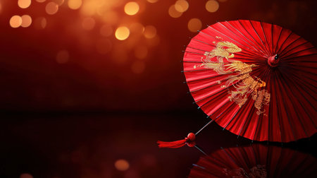 A red parasol adorned with golden phoenix patterns, resting elegantly on a smooth reflective surfaceの素材
