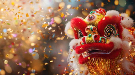A traditional lion dance head with vivid red and gold details, surrounded by celebratory confetti in motionの素材