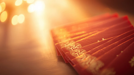 A set of red envelopes fanned out elegantly with golden Chinese calligraphy glowing softly in warm ambient lightの素材