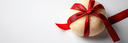A traditional steamed glutinous rice cake (nian gao) wrapped in festive red ribbon, placed on a seamless white backgroundの素材