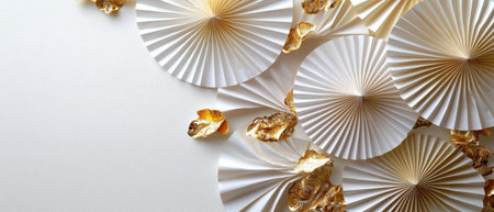 Elegant folding paper fans with intricate gold patterns, resting on a seamless white backgroundの素材