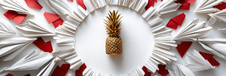 A golden pineapple placed at the center of a circle made of red envelopes, symbolizing prosperity, on a white backgroundの素材