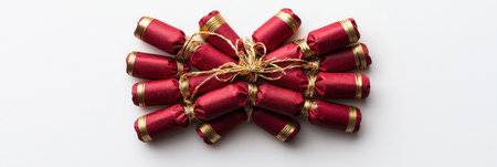 A decorative string of red and gold firecrackers coiled in perfect circles, laid flat on a white backgroundの素材