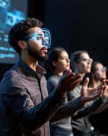 Students engaged in an online learning session, with a holographic teacher projected in front of themの素材