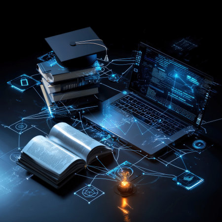 virtual education icons, including a graduation cap, an open book, and a glowing laptop, connected by digital linesの素材
