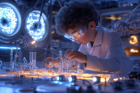 A young scientist presenting a project in a science fair, with models and experiments glowing under spotlightsの素材