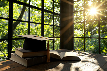 Graduation cap resting on a stack of books, placed on a wooden table with a sunny campus visible through the windowの素材
