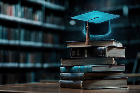 Stack of books on a library desk with a glowing holographic graduation cap floating above themの素材