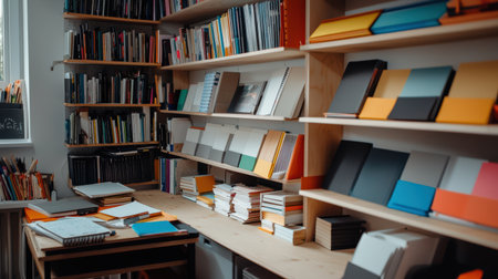 An inspiring wall filled with motivational quotes and images, surrounded by books and colorful stationeryの素材