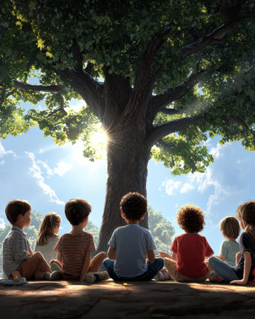 An illustration of a group of children sitting under a tree, listening intently to a storytelling sessionの素材