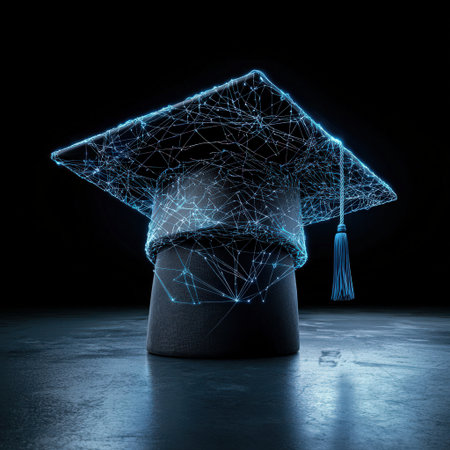 An animated concept of a graduation cap transforming into a glowing digital network, symbolizing future-ready educationの素材
