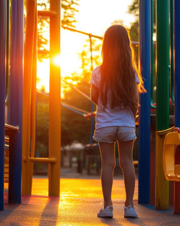 A young girl joyfully playing on a colorful playground under bright sunlight, representing childhood happinessの素材