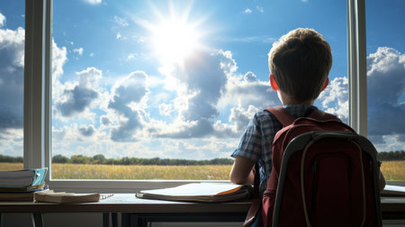 A young student gazing out of a classroom window at a sunny fieldの素材