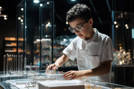 A young scientist presenting a project in a science fair, with models and experiments glowing under spotlightsの素材